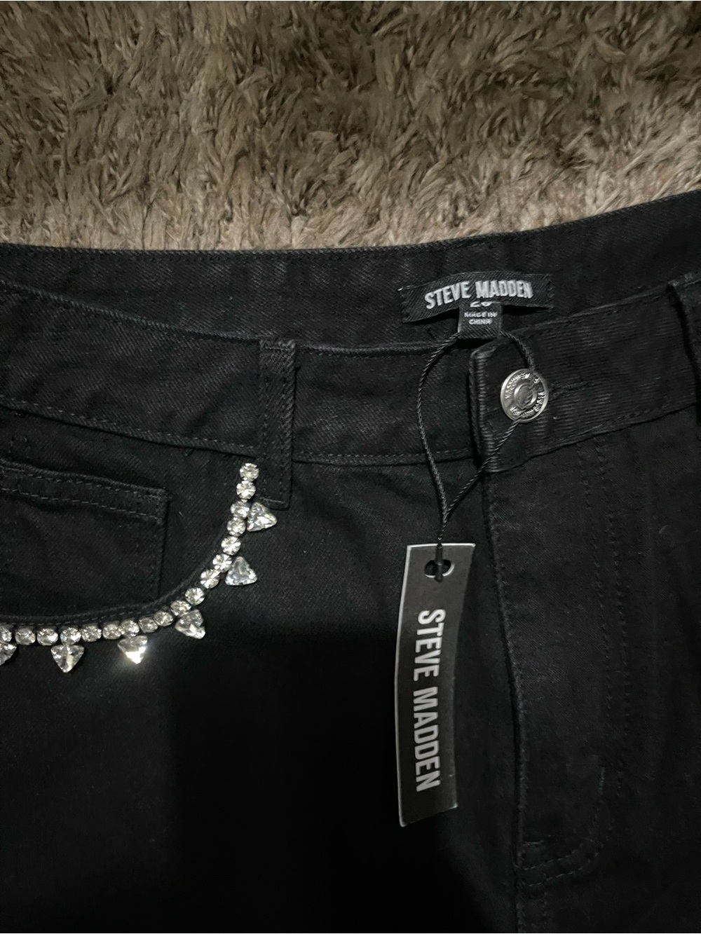 Steve Madden Black Straight-Leg Jeans with Rhinestone Chain - Picture 4 of 8
